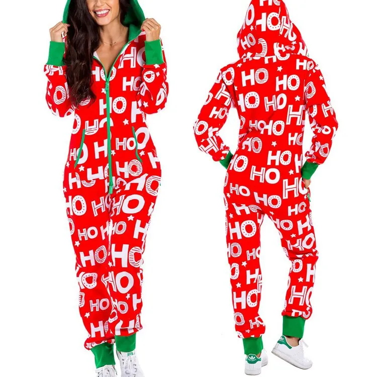 Women's Christmas One Piece Pajamas with Hood Santa Pattern Adult Cozy Jumpsuits Festive Homewear