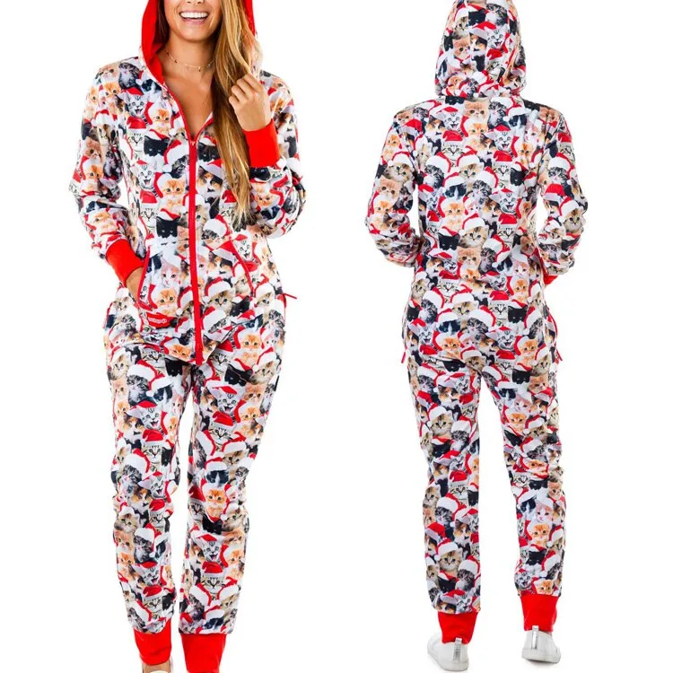 Women's Christmas One Piece Pajamas with Hood Santa Pattern Adult Cozy Jumpsuits Festive Homewear