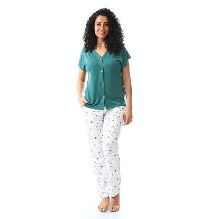 Women's Classic Summer Pajamas Made Of Cotton - Green