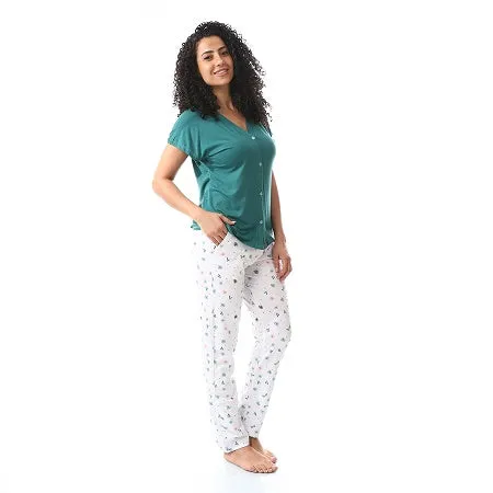 Women's Classic Summer Pajamas Made Of Cotton - Green