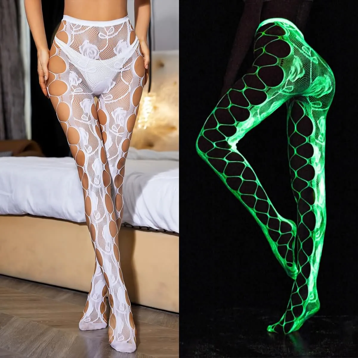 Women's Lingerie, Neon Glowing Cheeky Fishing Hoe Stockings Leggings