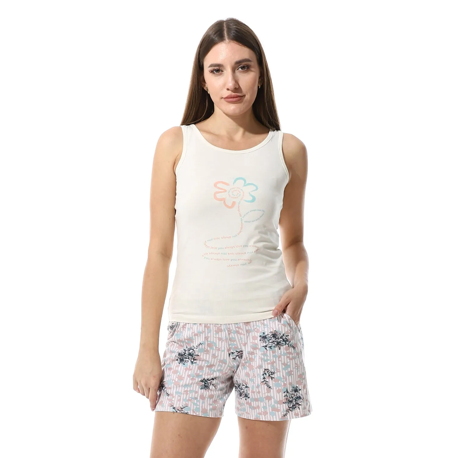 Women's Summer Short Printed Pajamas For Comfort - Off White