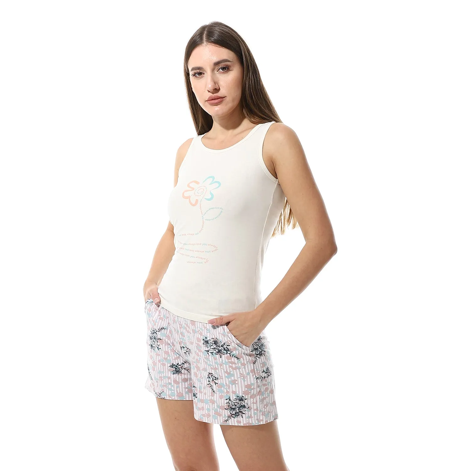 Women's Summer Short Printed Pajamas For Comfort - Off White